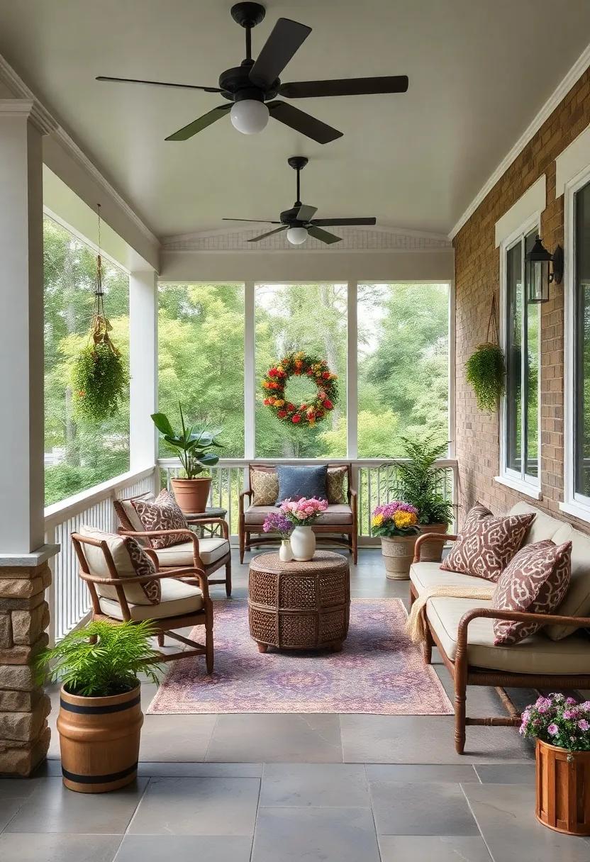 Seasonal Touches: Update your porch decor according to the seasons with fresh flowers, seasonal wreaths, and themed accessories for ongoing charm