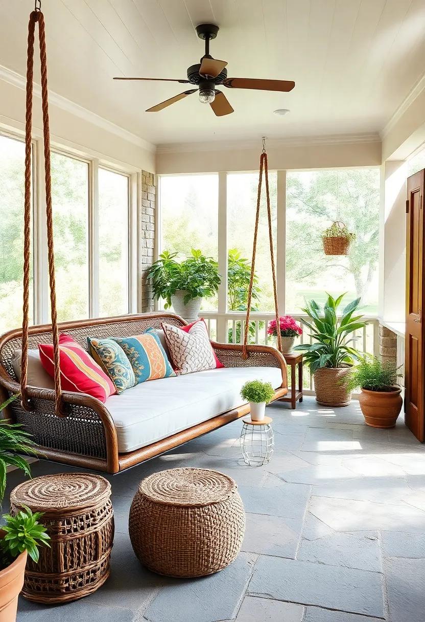 Vintage Swing Bed: Hang a cozy swing bed adorned with colorful throw pillows to create a whimsical lounging space perfect for napping or reading