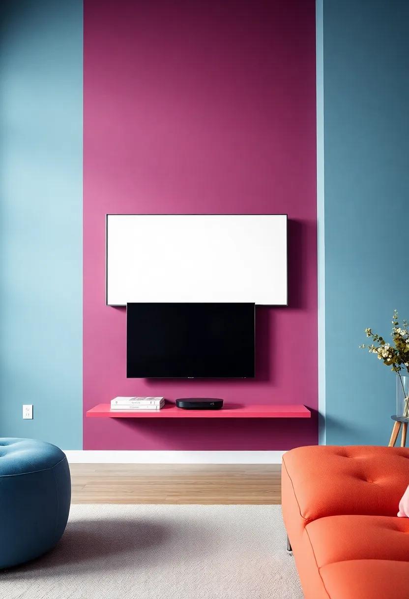 Color Pop: Choose a bold colored floating TV stand that contrasts with your wall color,making it the focal point of the room