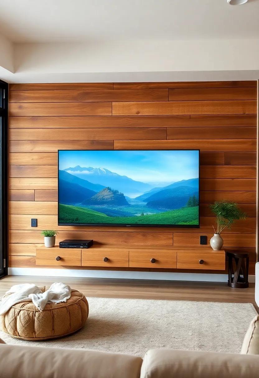 Cozy Cabin​ Retreat: Use‌ reclaimed wood for your floating stand,⁣ accentuating a warm, rustic‌ feel that makes your living room feel ‌like a countryside getaway