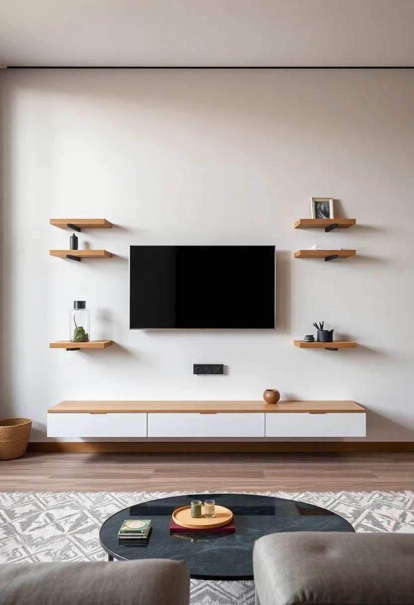 Diversified Heights: play with the levels by installing multiple floating‌ shelves at different heights around your TV, for a dynamic and ​engaging ⁤look