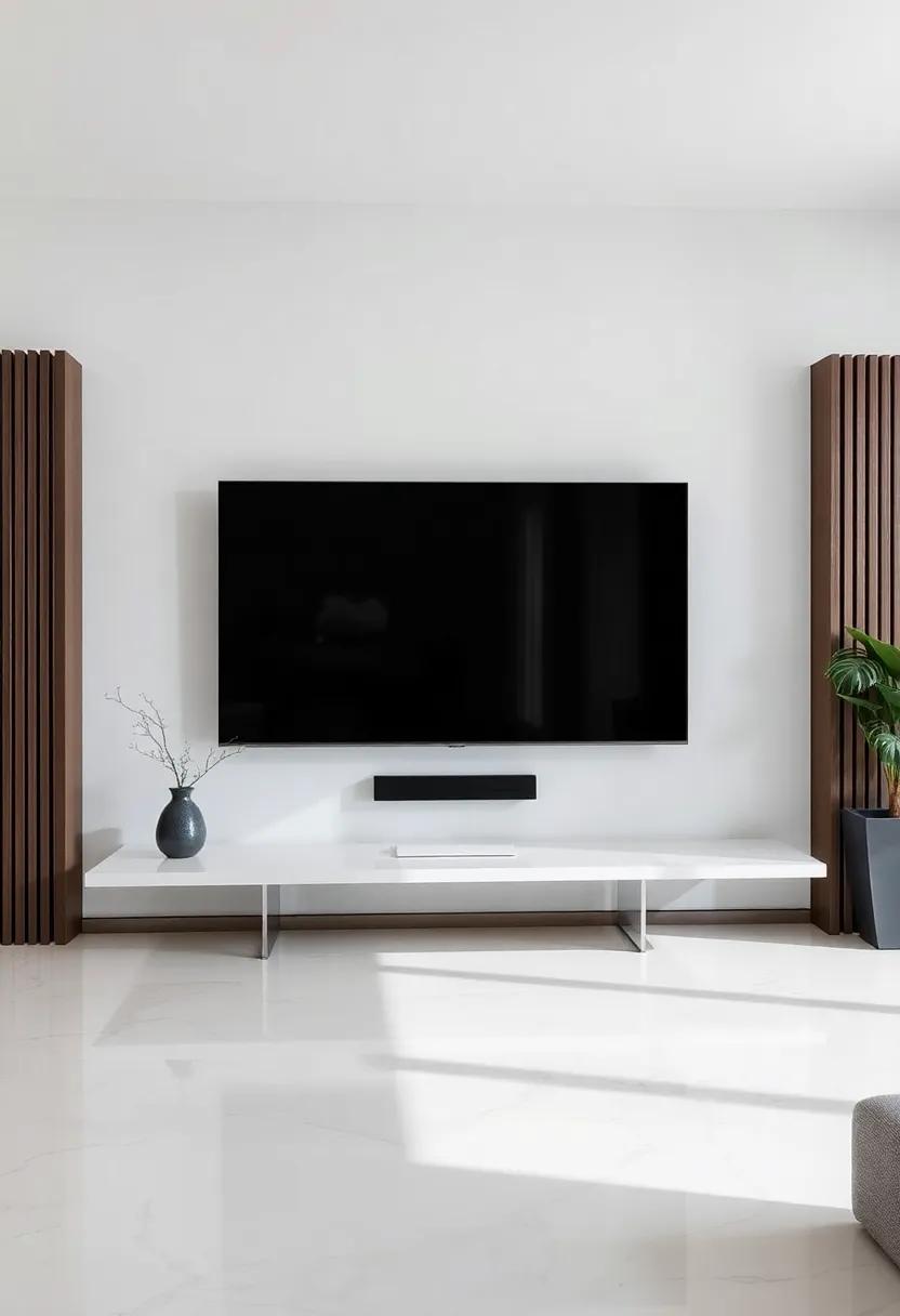 Glossy finish: Incorporate a high-gloss floating stand​ that reflects light, making the space appear larger and more open while adding⁢ a luxurious touch