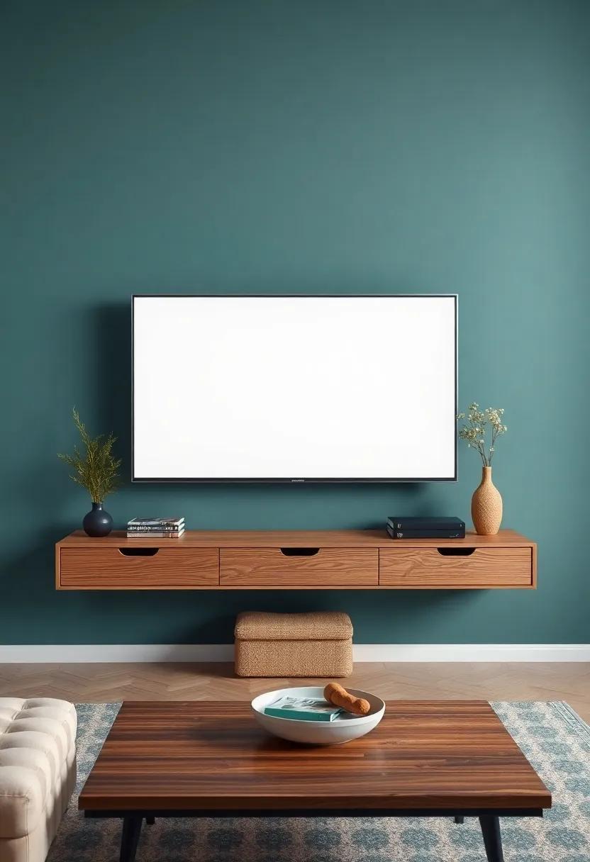 Retro Revival: Embrace mid-century modern charm with a retro-styled floating stand, accentuated by vintage decor and playful patterns