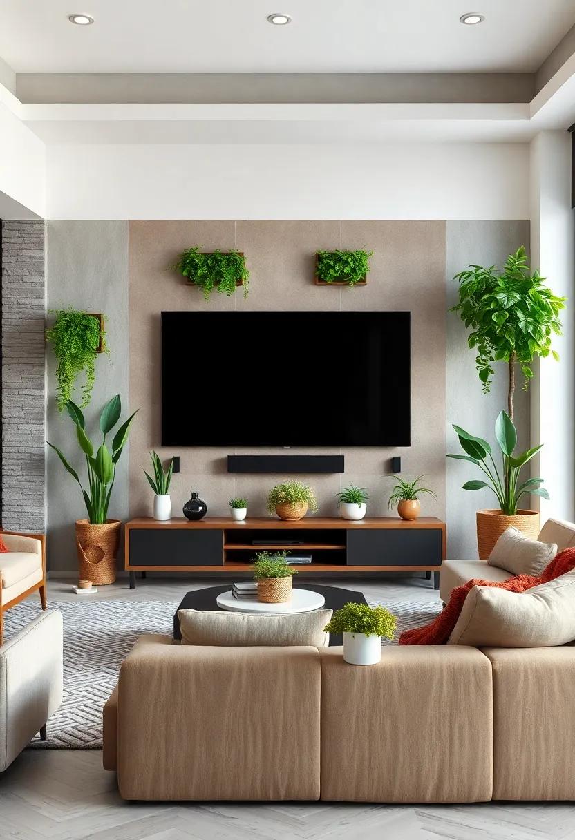 Include a Plant Display: Bring life to your TV ​wall with potted plants⁣ or hanging ‌greenery ⁣that⁤ adds a fresh ambiance