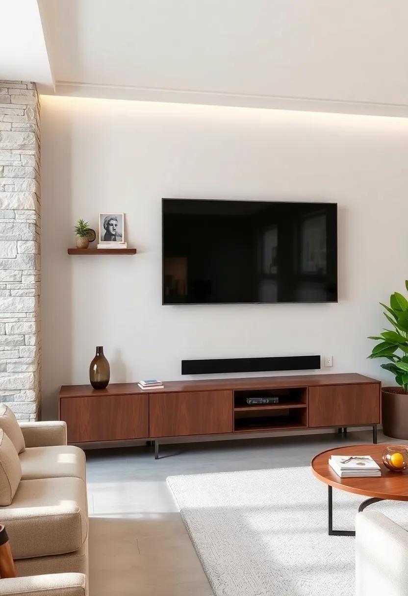 Install ‍floating Shelves: add depth and dimension with sleek floating shelves that ‍showcase decorative items, books,⁤ and plants alongside⁣ your TV