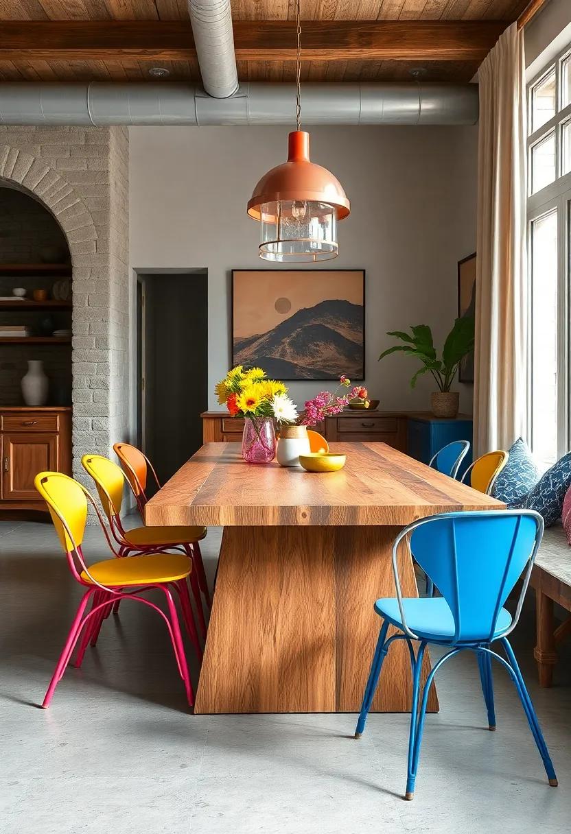 Bright and Bold: A vibrant ‌wood table contrasted with brightly⁤ colored metal chairs injects personality and playfulness into your dining area