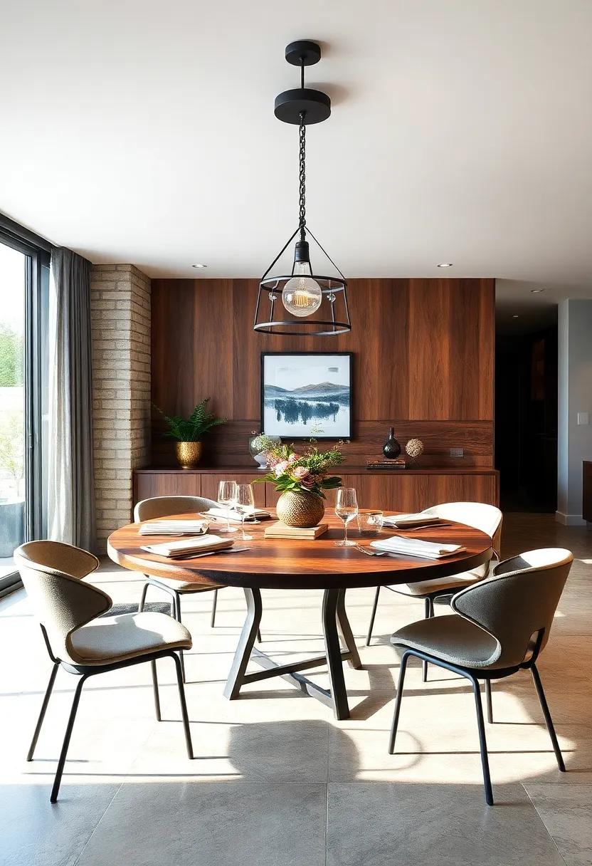 Chic Industrial: A round,dark wood dining ​table with cool grey metal accents creates an intimate and stylish dining ‌experience