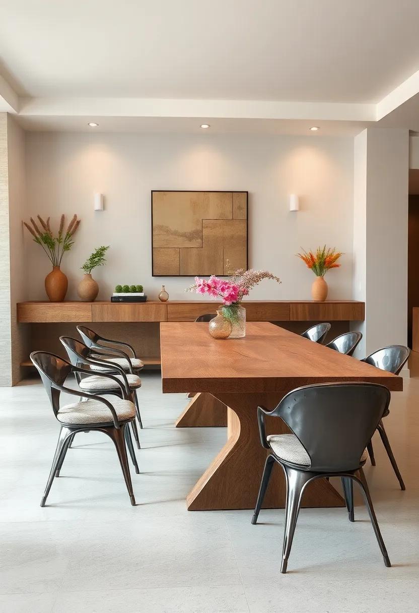 Textured Beauty: A​ raw wood table combined with hammered metal chairs introduces beautiful textures that elevate your dining experience