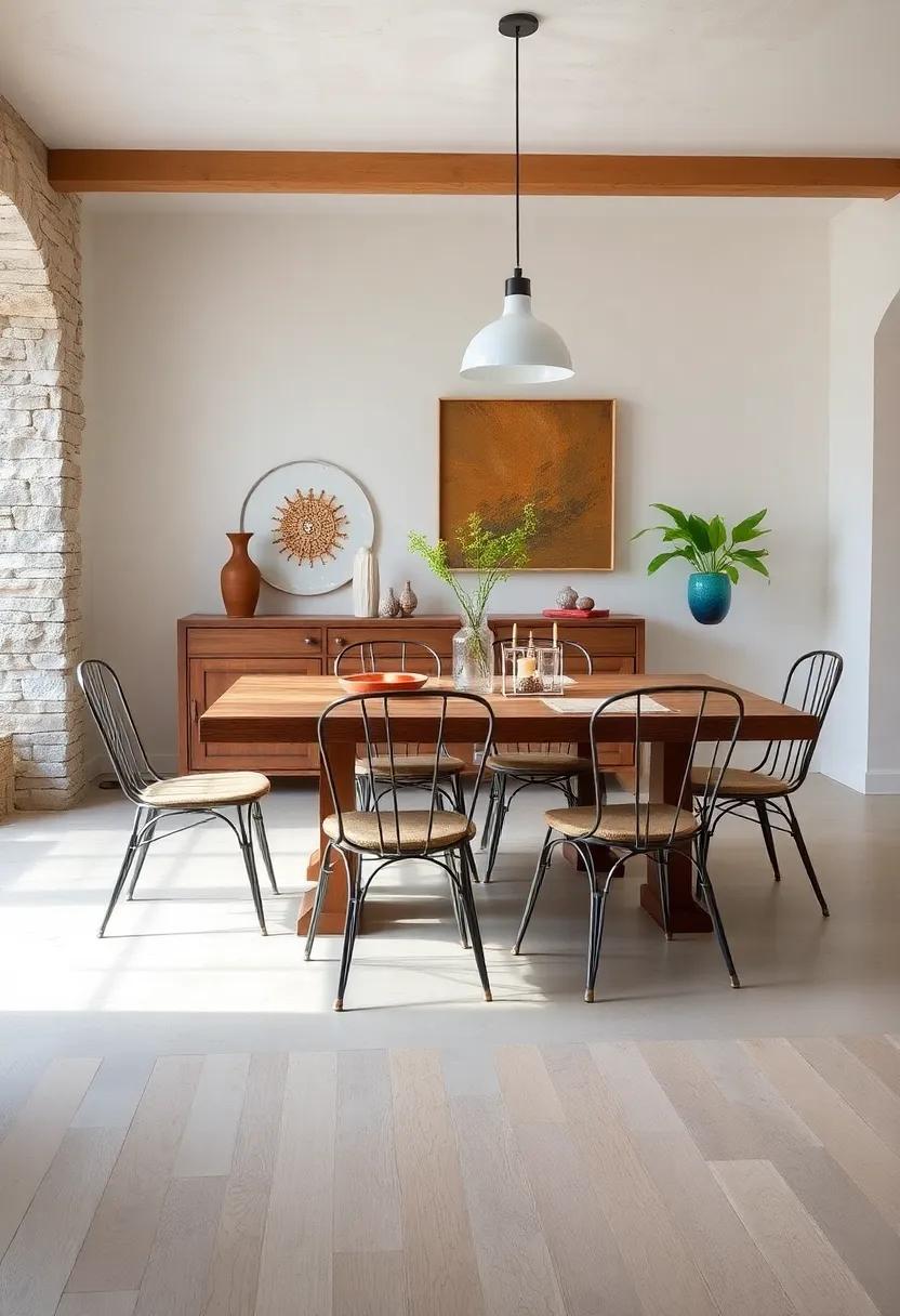 Eclectic Harmony: A mix of mismatched metal chairs around a rustic ⁢wood table showcases ⁤personality and creativity in your dining room