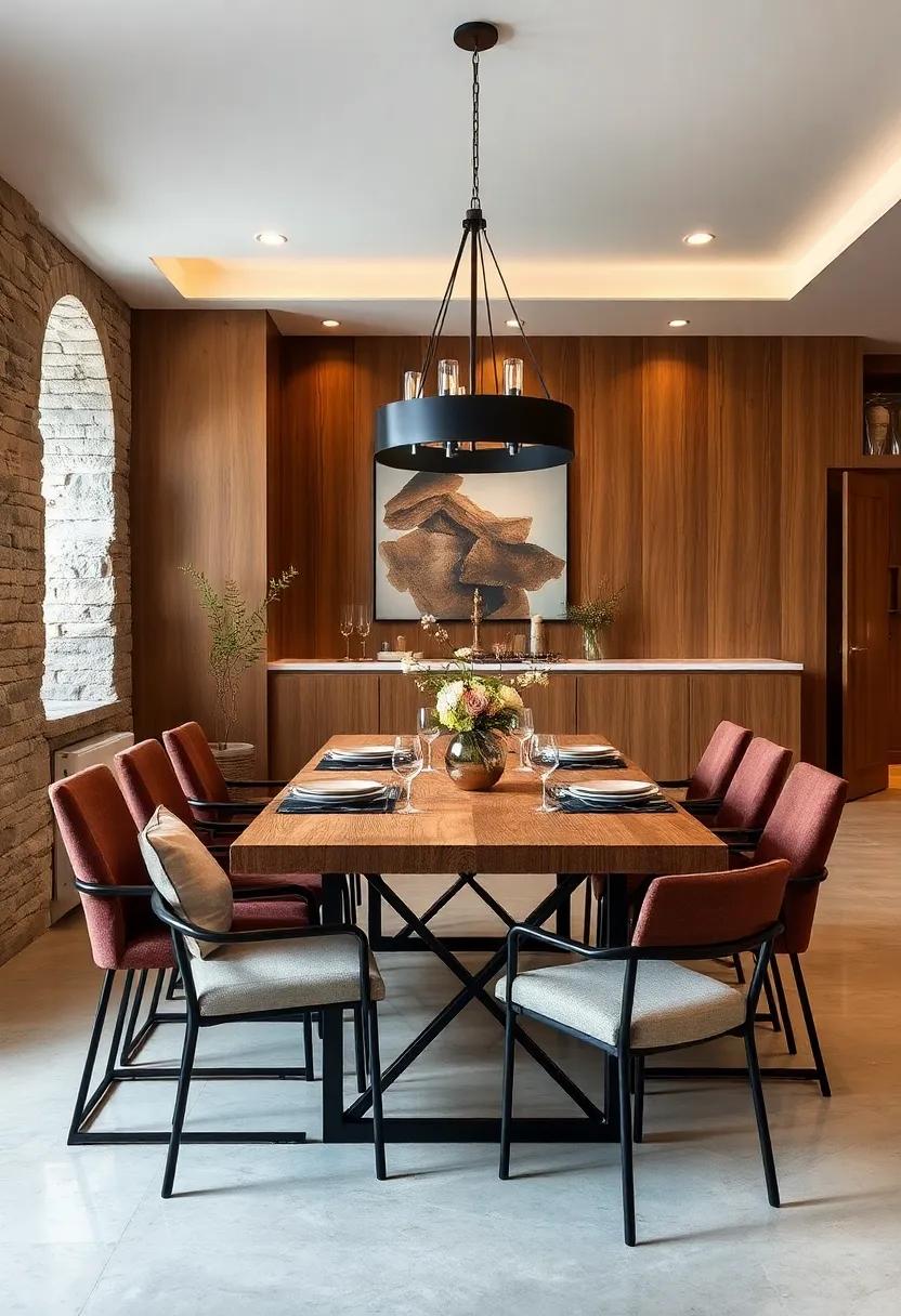 Warm and Inviting: A warm-toned wood table with dark metal accents sets a welcoming atmosphere that’s ideal for cozy family meals
