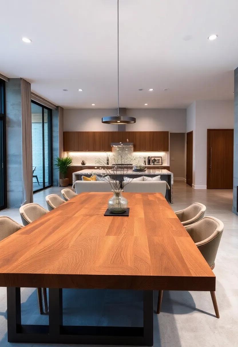 Open-Concept Delight: A‌ spacious wood table ‌with sleek ‍metal features fits perfectly into an open-concept ⁣dining space, maintaining a sense of flow