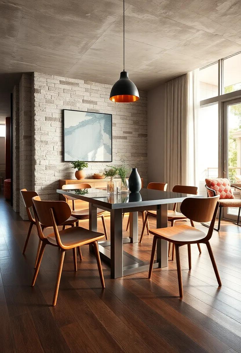 Urban Chic: A stainless steel table accompanied by simple wood chairs reflects an urban aesthetic that blends comfort with style