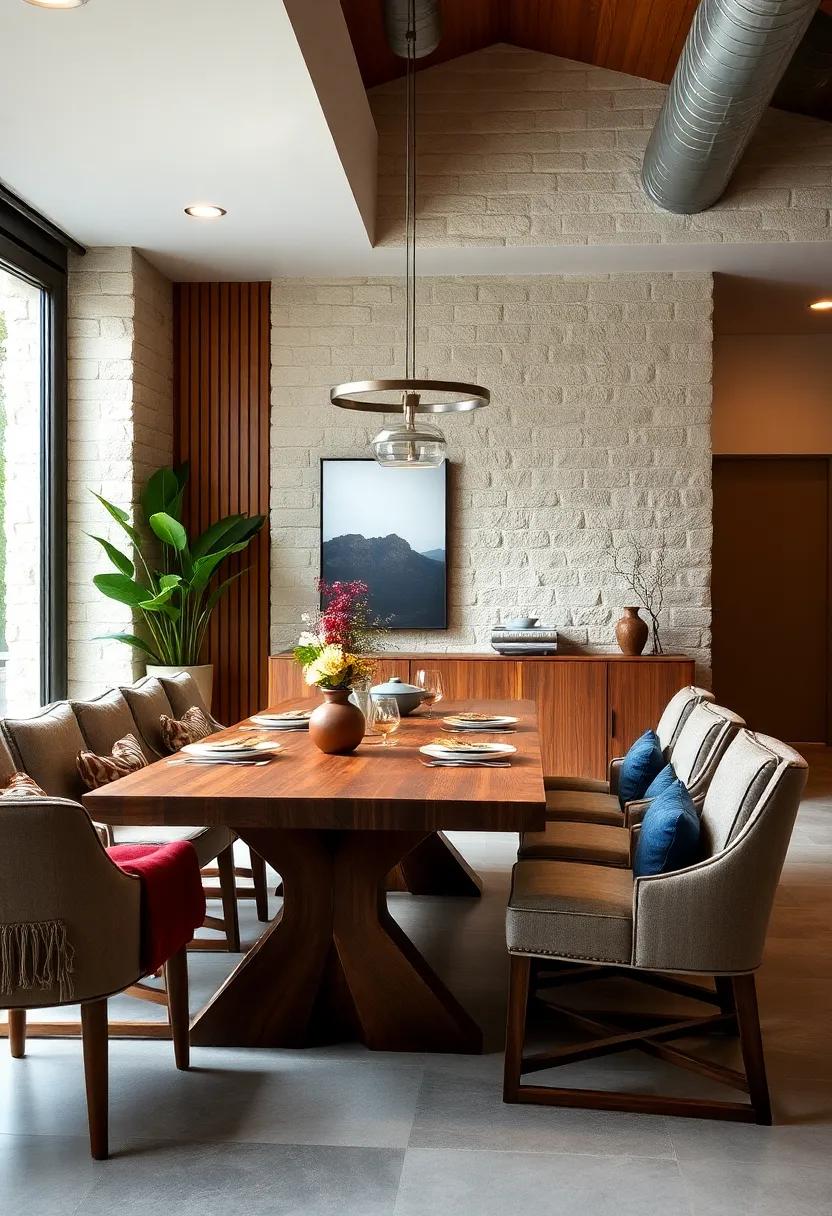 Layered‌ Warmth: A richly stained wood table contrasted with brushed metal accents brings a cozy and layered look to your dining decor