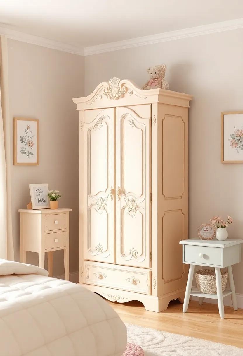 Dainty Daisy: A petite wardrobe with floral carvings and pastel colors suits a whimsical children's bedroom,merging storage with playful decor