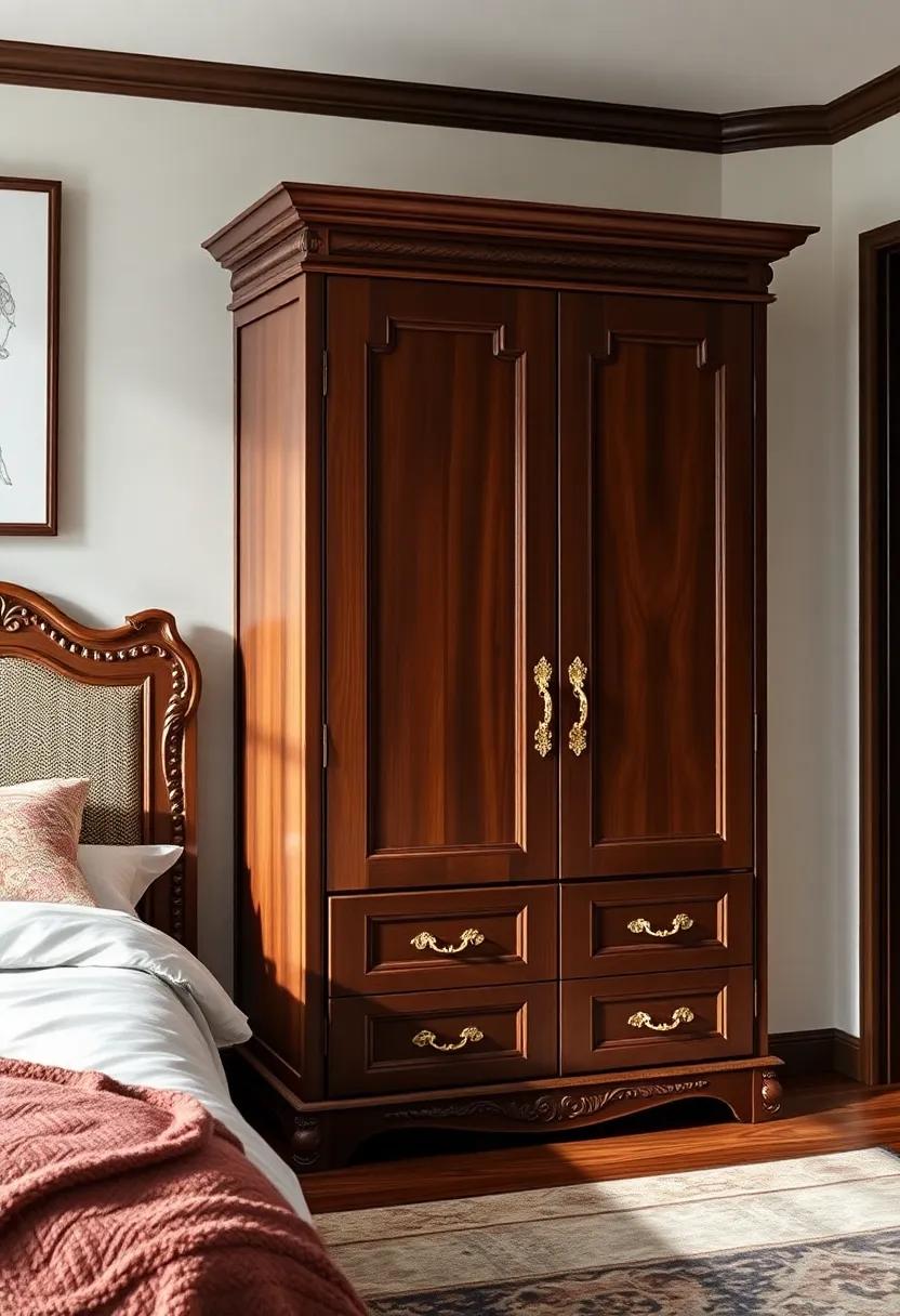 Luxe Mahogany: Elevate your bedroom with a rich mahogany wardrobe featuring ornate details and golden handles, perfect for a touch of opulence