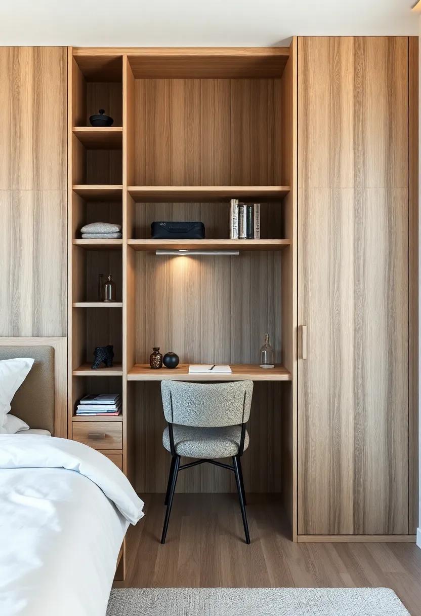 Multi-Functional Marvel: A wardrobe that doubles as a workspace with integrated shelves and a fold-out desk is perfect for compact living