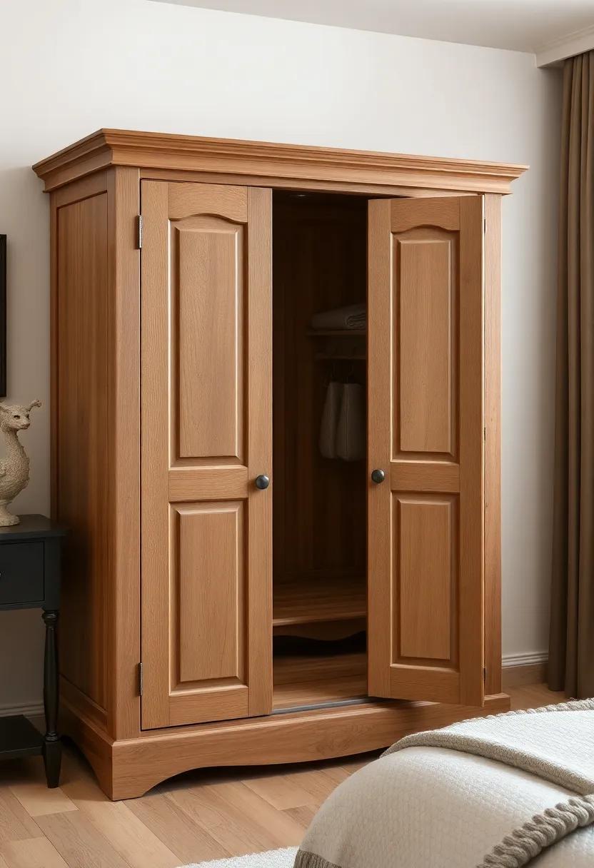 Rustic charm: Embrace a vintage feel with a weathered oak wardrobe featuring intricate carvings and antique metal handles that tell a story