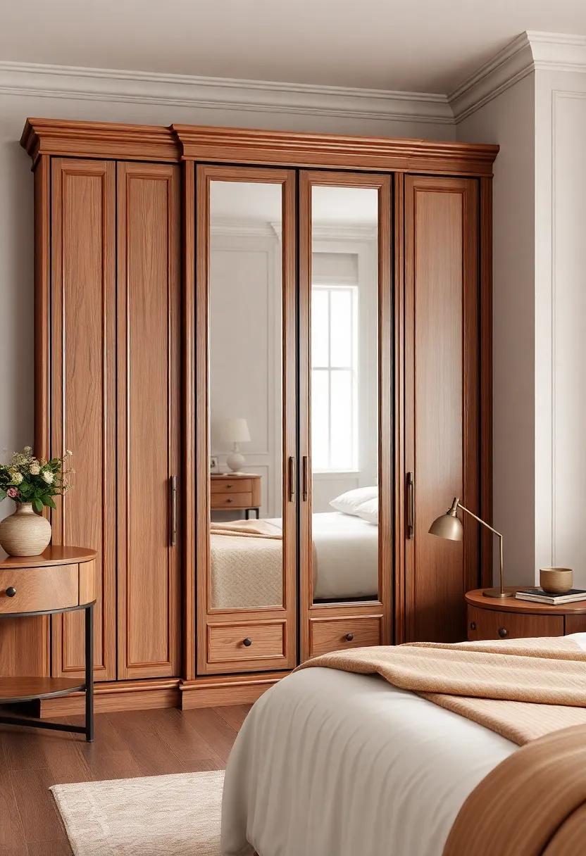 Vintage Glam: An elegant,high-gloss wardrobe with mirrored fronts enhances light and offers a touch of glamour,perfect for a sophisticated bedroom