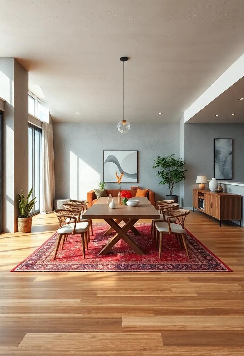 Layered Textures: Introduce area rugs on wooden floors to add warmth and define your dining zone within a larger space