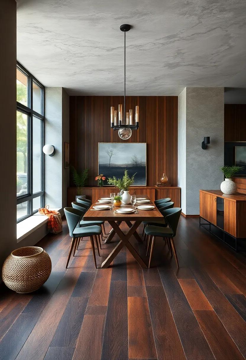 Bold Stained Designs: Dark stained floors can make a striking backdrop for bright dining furniture and table settings