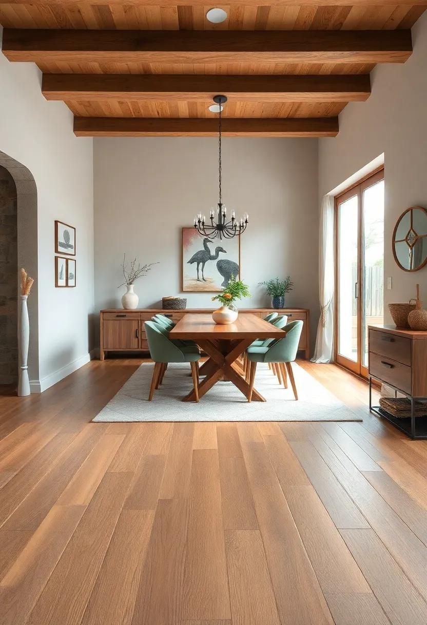 Farmhouse Feel: wide plank oak flooring embodies rustic charm,ideal for a cozy farmhouse-inspired dining room