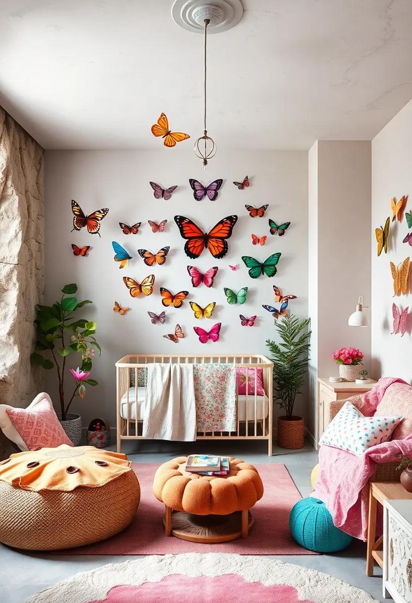 Colorful Butterflies: Hang butterfly-themed decorations that symbolize transformation and beauty, brightening up the nursery with color