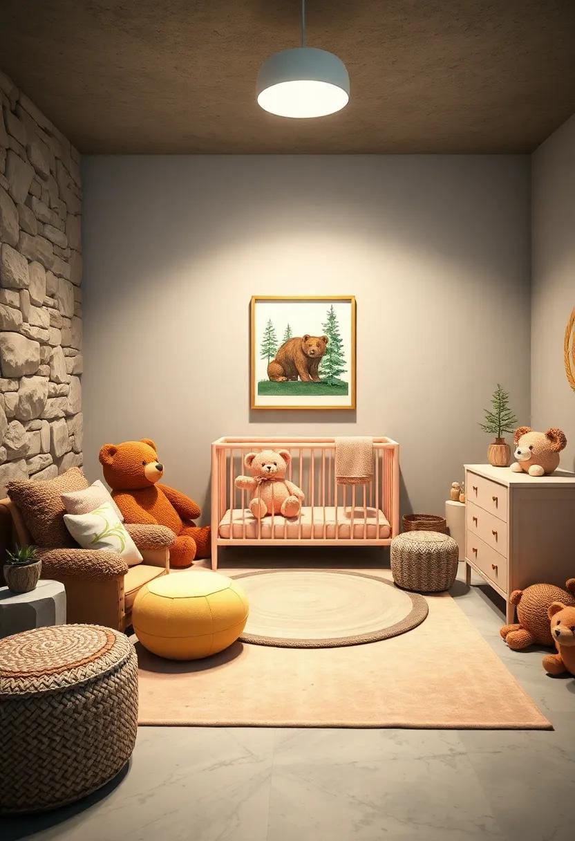 Gentle Bears: Utilize bear plushies and artwork to create a nurturing environment, providing a sense of security and cuddly companionship