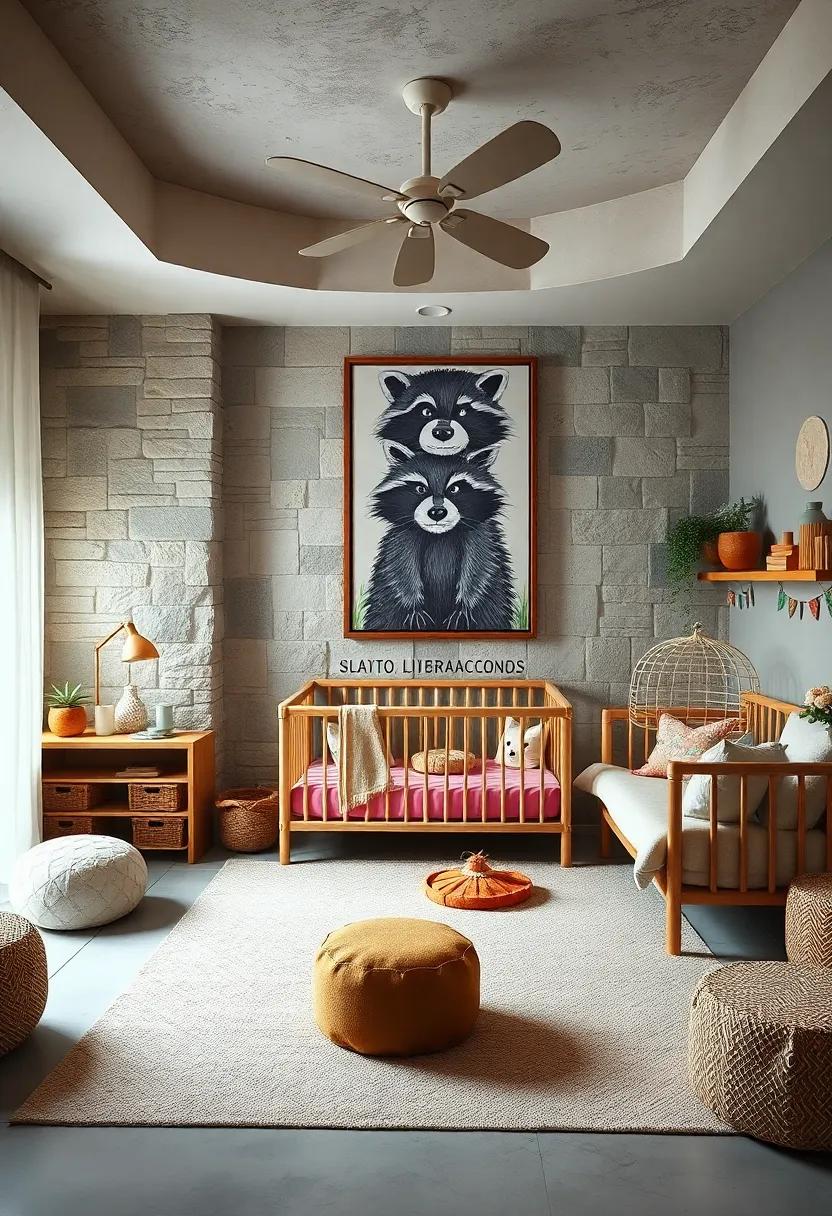 Playful Raccoons: Add quirky raccoon art that introduces a mischievous element, fostering imagination and friendly mischief